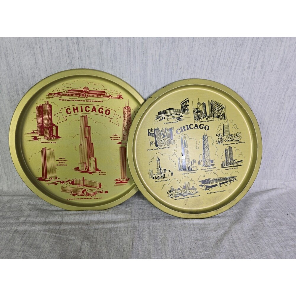 Vintage 1970s Chicago Souvenir Metal Trays Sears Tower Hancock Lot of 2